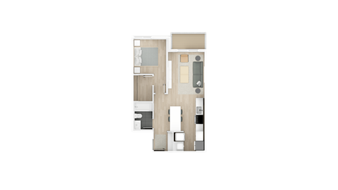 Floor plan for 1 bed, 1 bath, 591 sqft